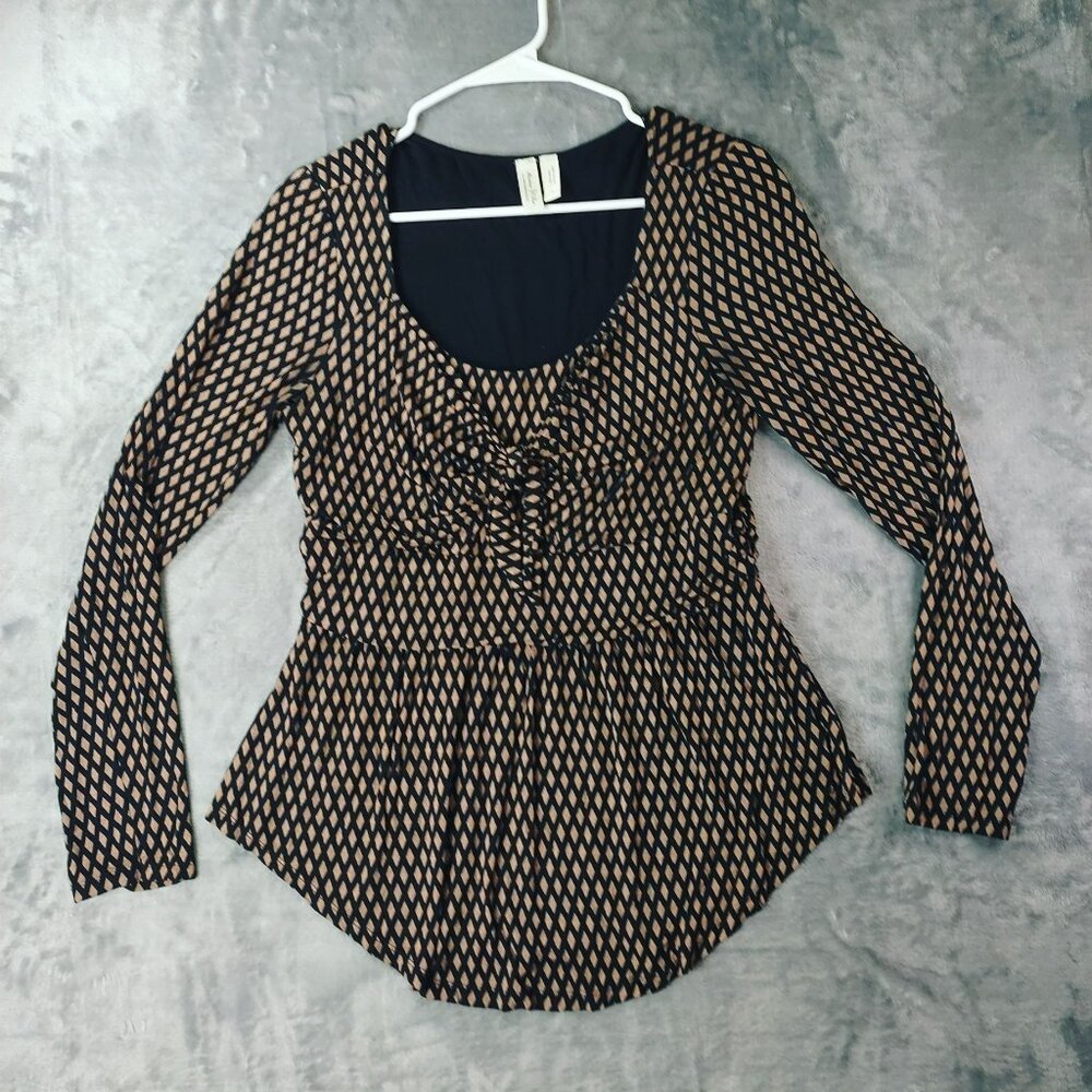 Meadow Rue Anthropologie Women’s Top M Black Geometric Ruched Boho Peplum Chic